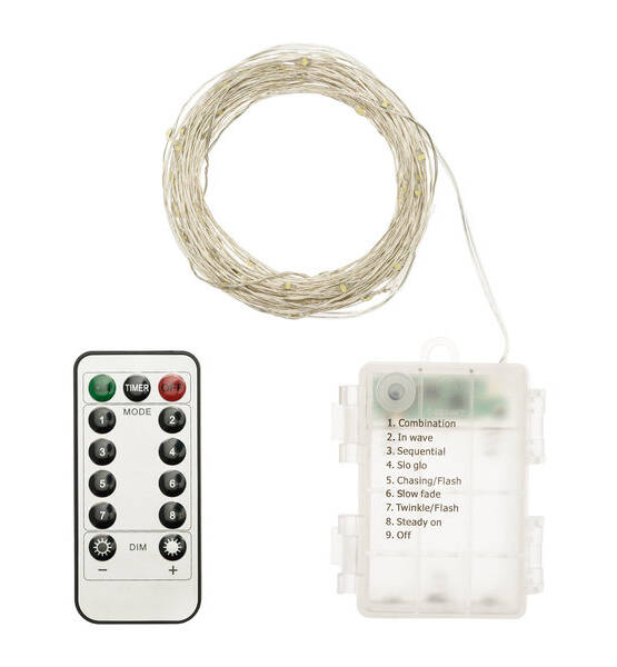 CATENA 100MICRO LED BIANCO CALDO 0.5+10MT C.TELECOMANDO A BATTERIA