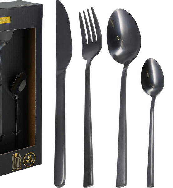 SET DI 16 POSATE IN ACCIAIO INOX CON FINITURA A SPECCHIO E RIVESTIMENTO PDV NERO