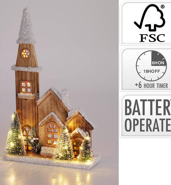VILLAGGIO CON CHIESA E ALBERE GLITTER 26X8X43 led