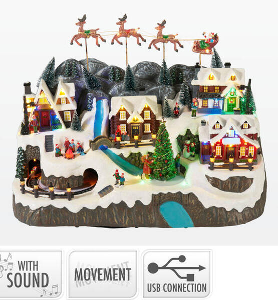 VILLAGGIO IN SFERA DI NATALE INNEVATO CON LED/MOVIM, 25X20X32.5CM