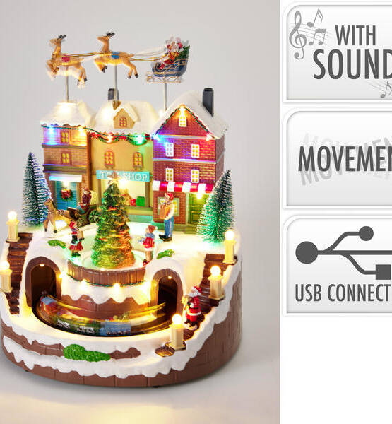 SCENARIO CON NEGOZIO DI GIOCATT. BABBO CON SLITTA led e musica